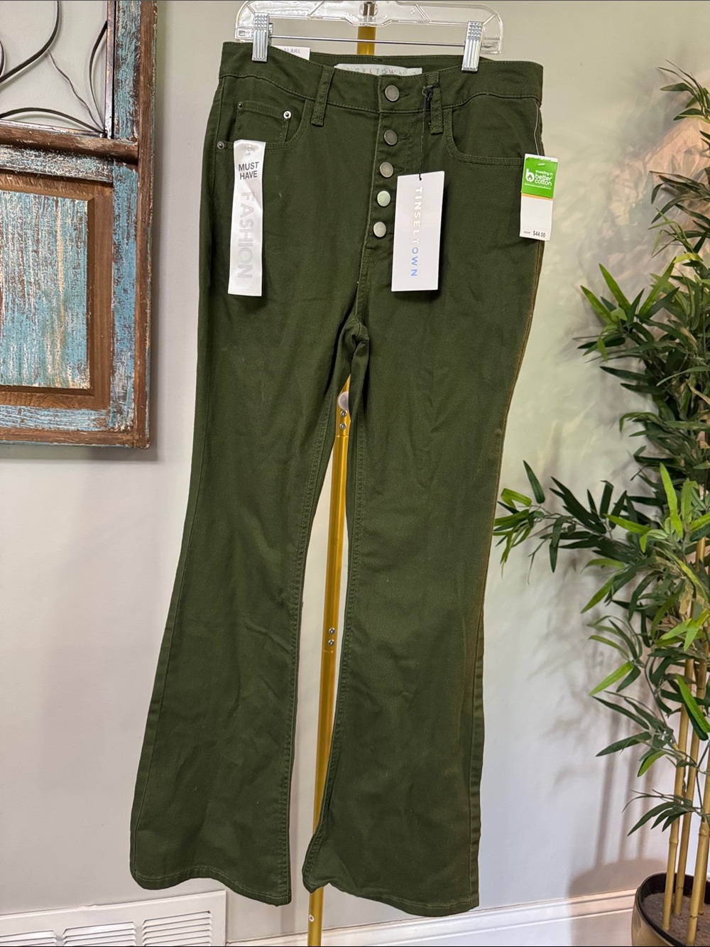 Tinseltown Olive Green high waist Flare Jeans with Button-Front NWT 7